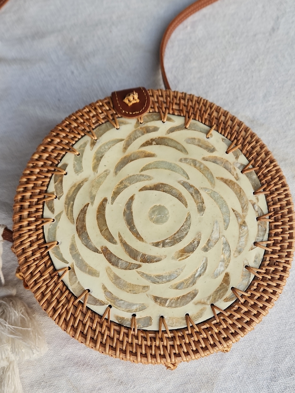 Round Woven Rattan Crossbody Bag with Shell Inlay